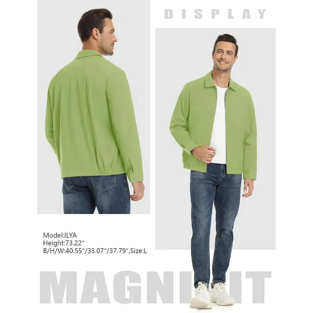 Men's Stylish Jackets Coat Gray Olive Green Lightweight Casual Zip Pockets Golf